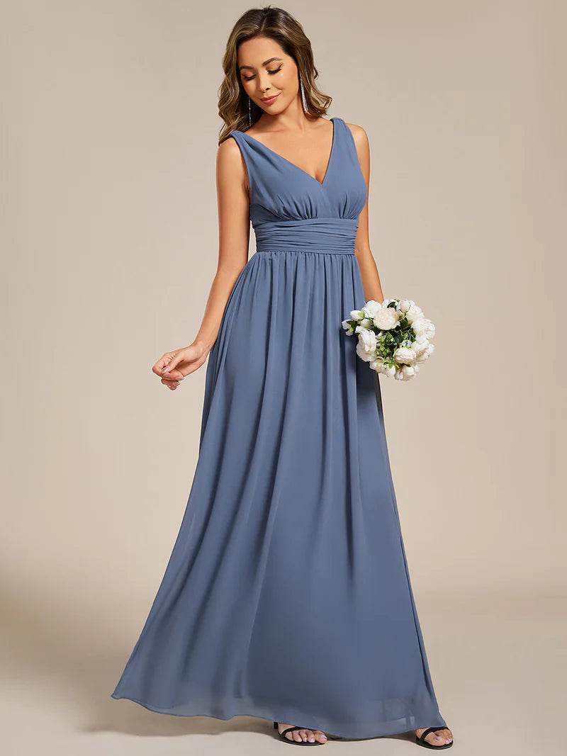 Elegant Double V-Neck Bridesmaid Dress – Floor-Length Maxi Gown - Biamonde